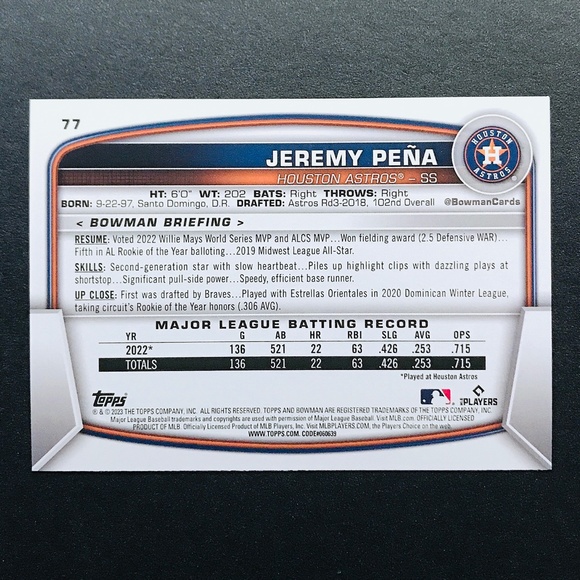 Jeremy Pena - 2023 Bowman #77 - Picture 2 of 2